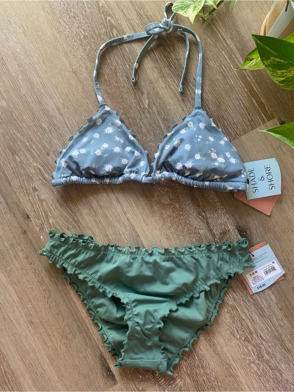 Shade & Shore Target Blue Floral Triangle Ruffle Bikini set size small NWT